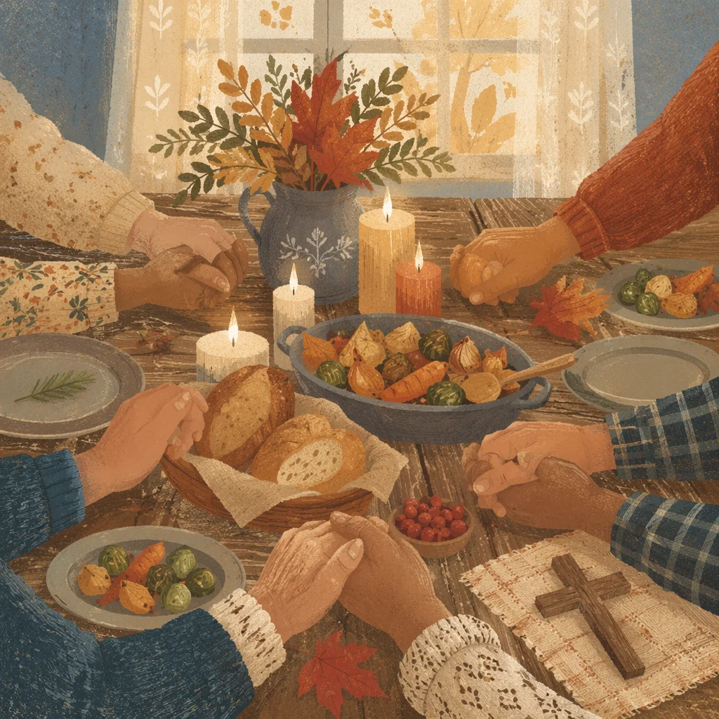 Thanksgiving Family Prayer Around Farmhouse Table