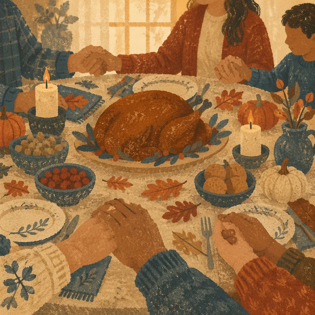 Thanksgiving Family Prayer Around Autumn Dinner