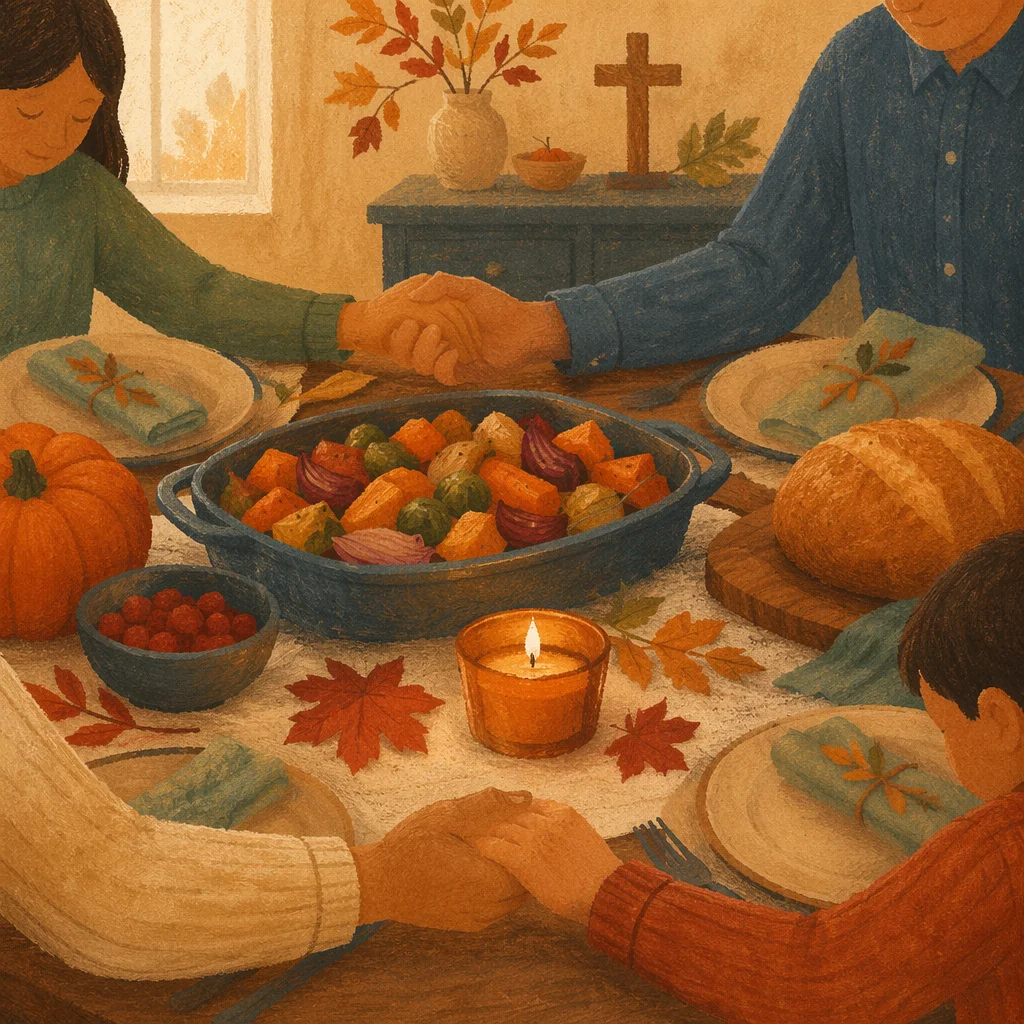 Thanksgiving Family Prayer Around Rustic Dinner Table