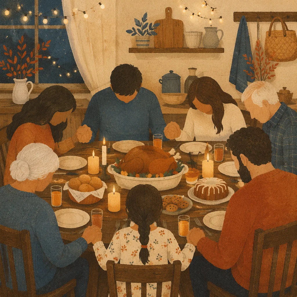 Thanksgiving Family Prayer Around Rustic Dinner Table