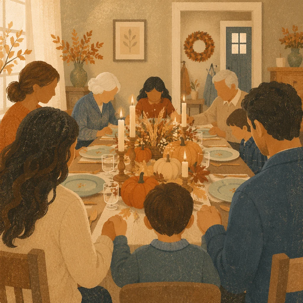 Thanksgiving Family Prayer at Autumn Dinner Table