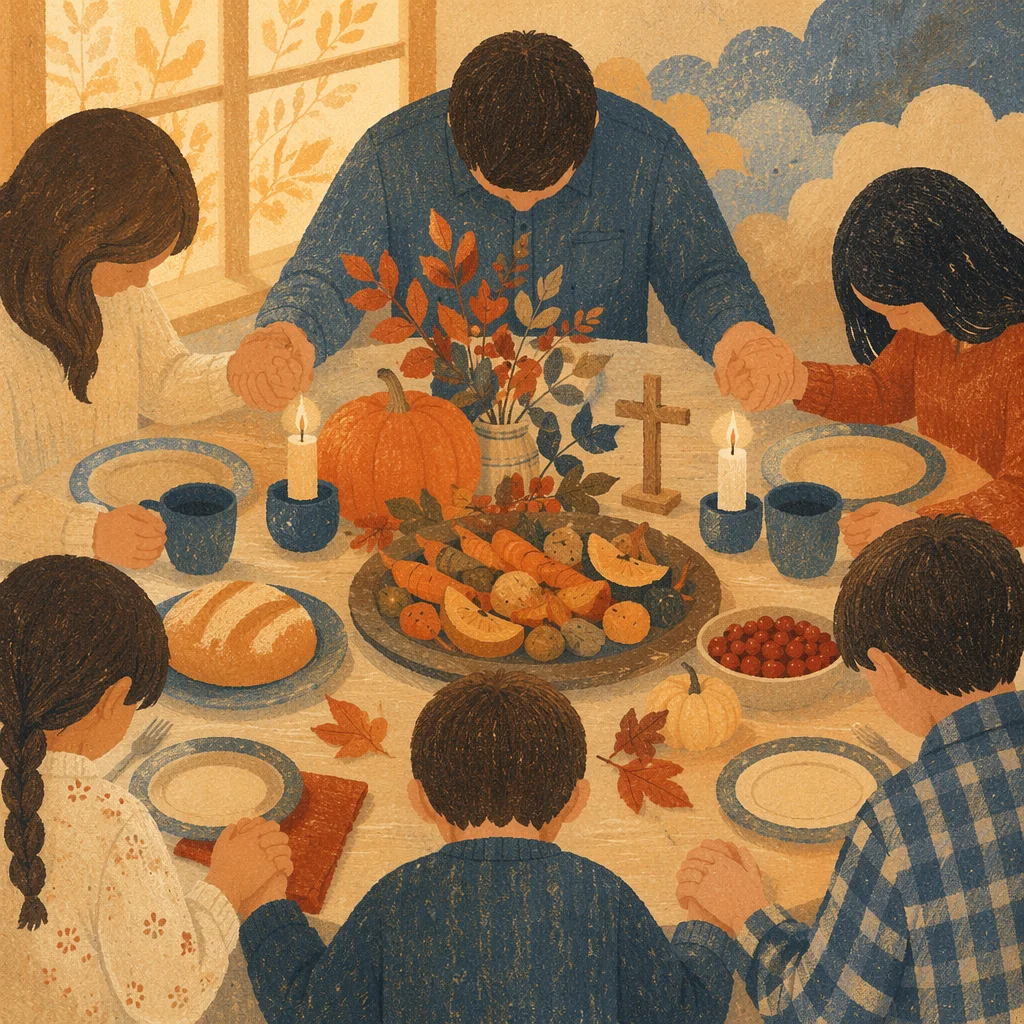 Thanksgiving Family Prayer Around Rustic Dinner Table