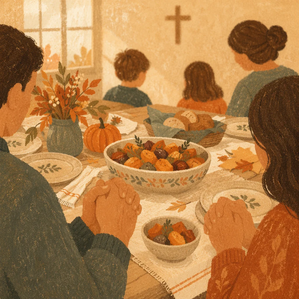Thanksgiving Family Prayer at Rustic Dinner Table