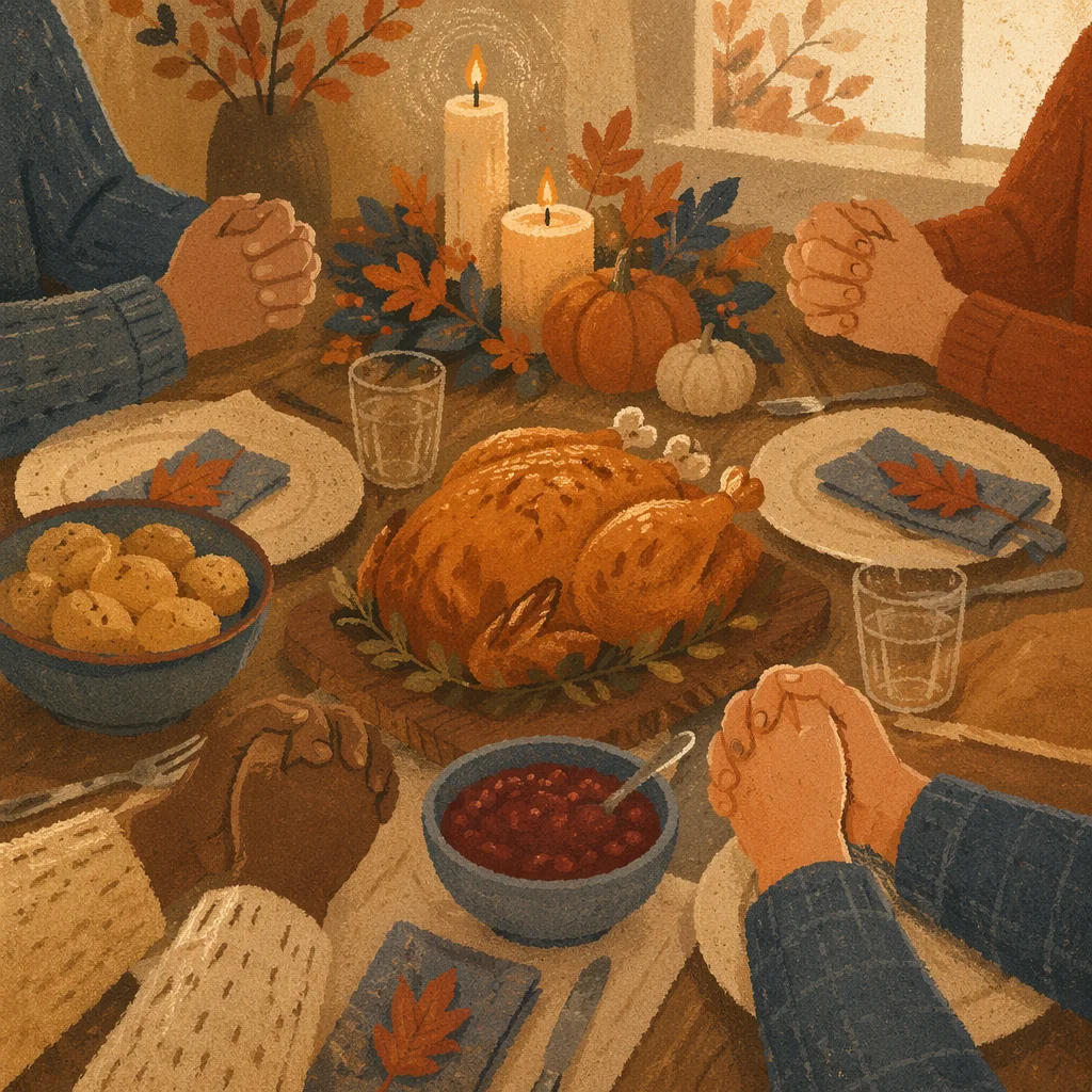 Thanksgiving Family Prayer Around Autumn Dinner Table
