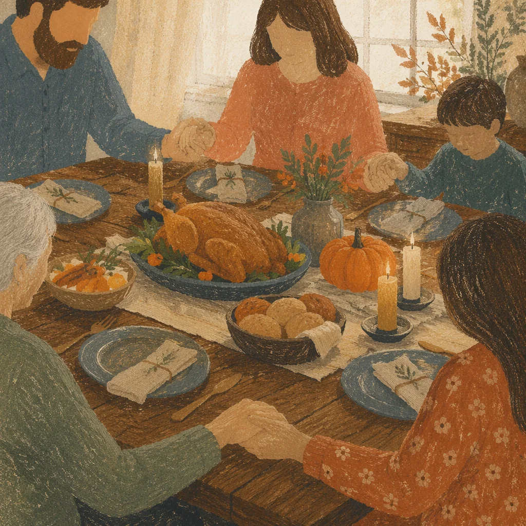Thanksgiving Family Prayer Around Rustic Dinner Table