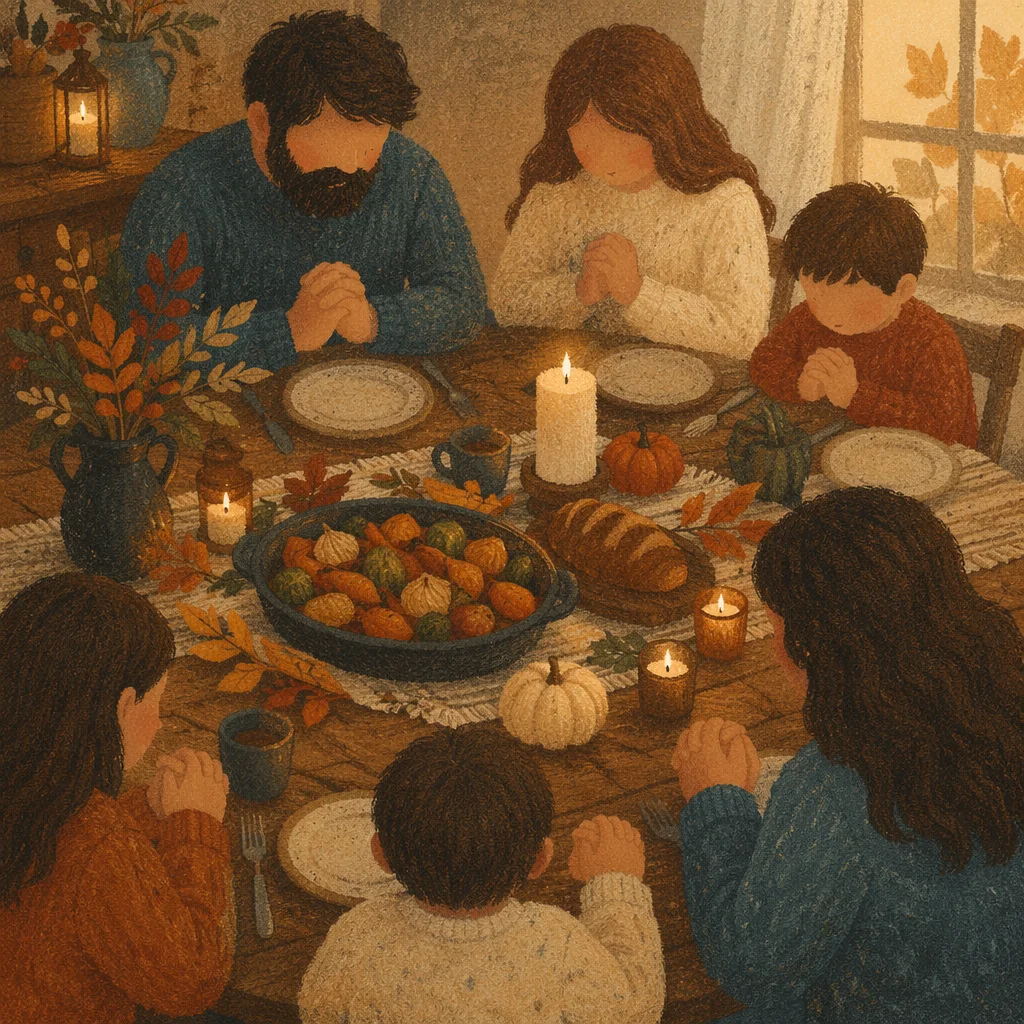 Thanksgiving Family Prayer Around Rustic Dinner Table