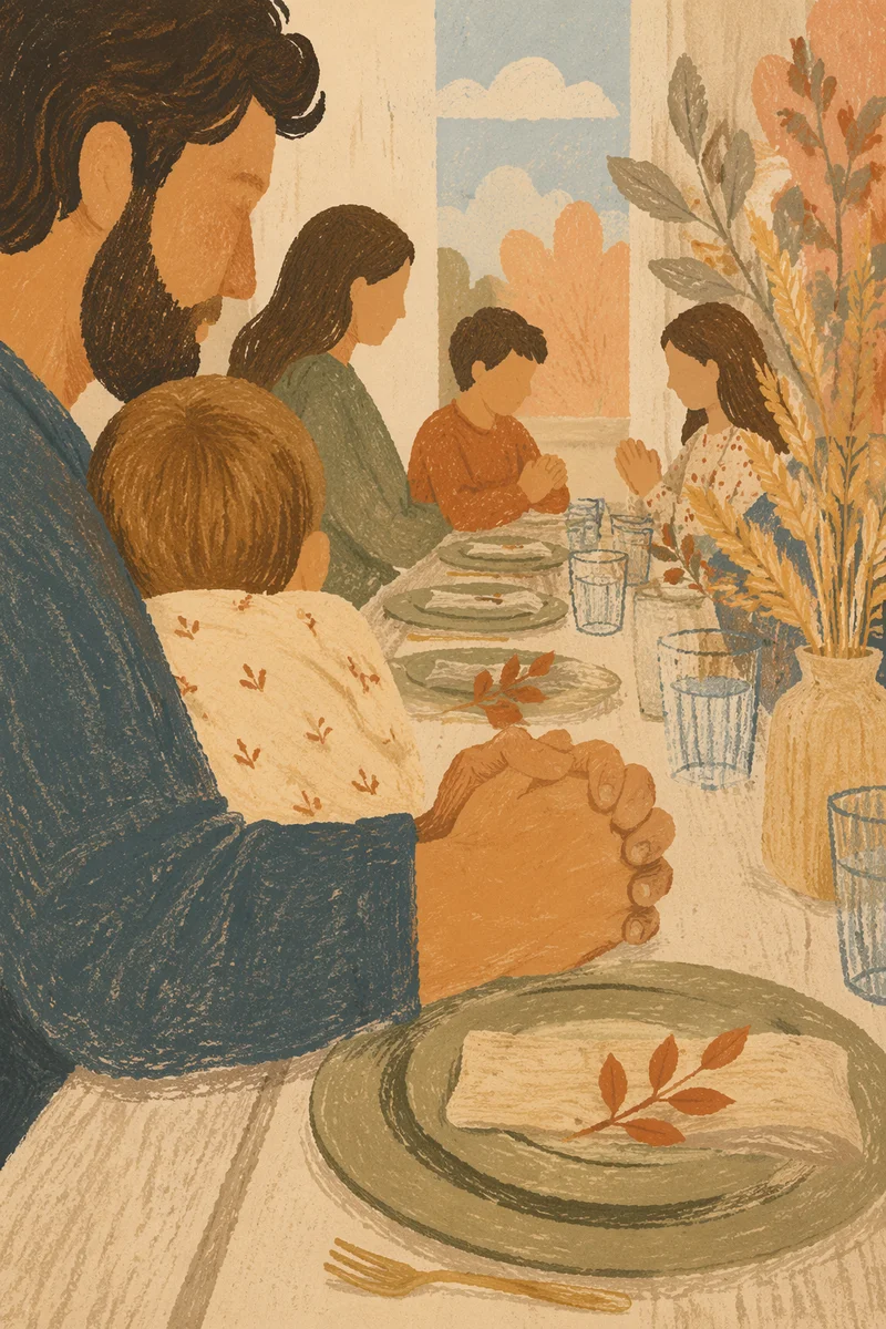 Thanksgiving Family Prayer at Cozy Dinner Table