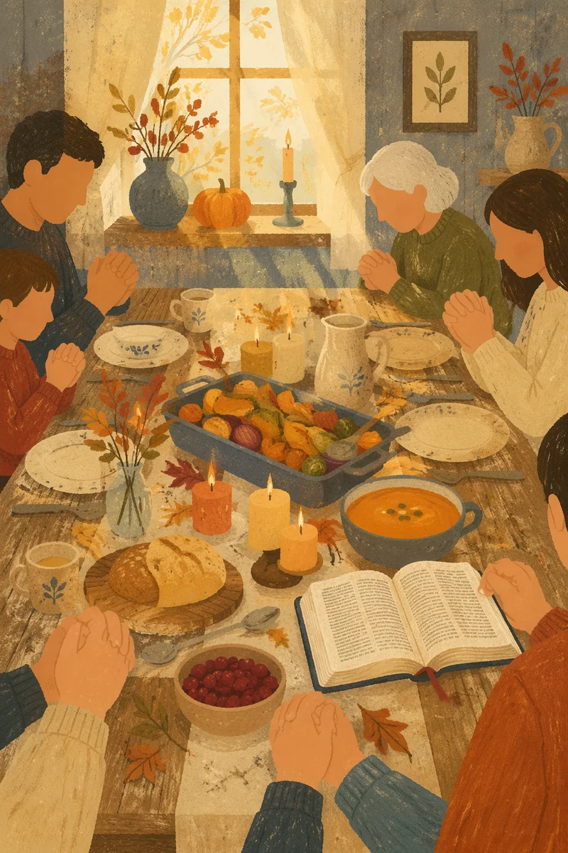 Thanksgiving Family Prayer Around Farmhouse Table