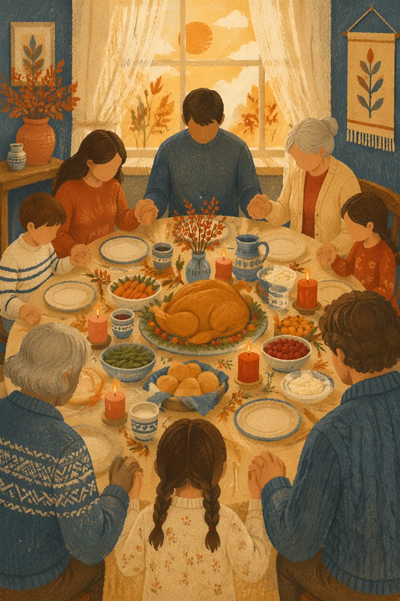 Thanksgiving Family Prayer Around Rustic Dinner Table