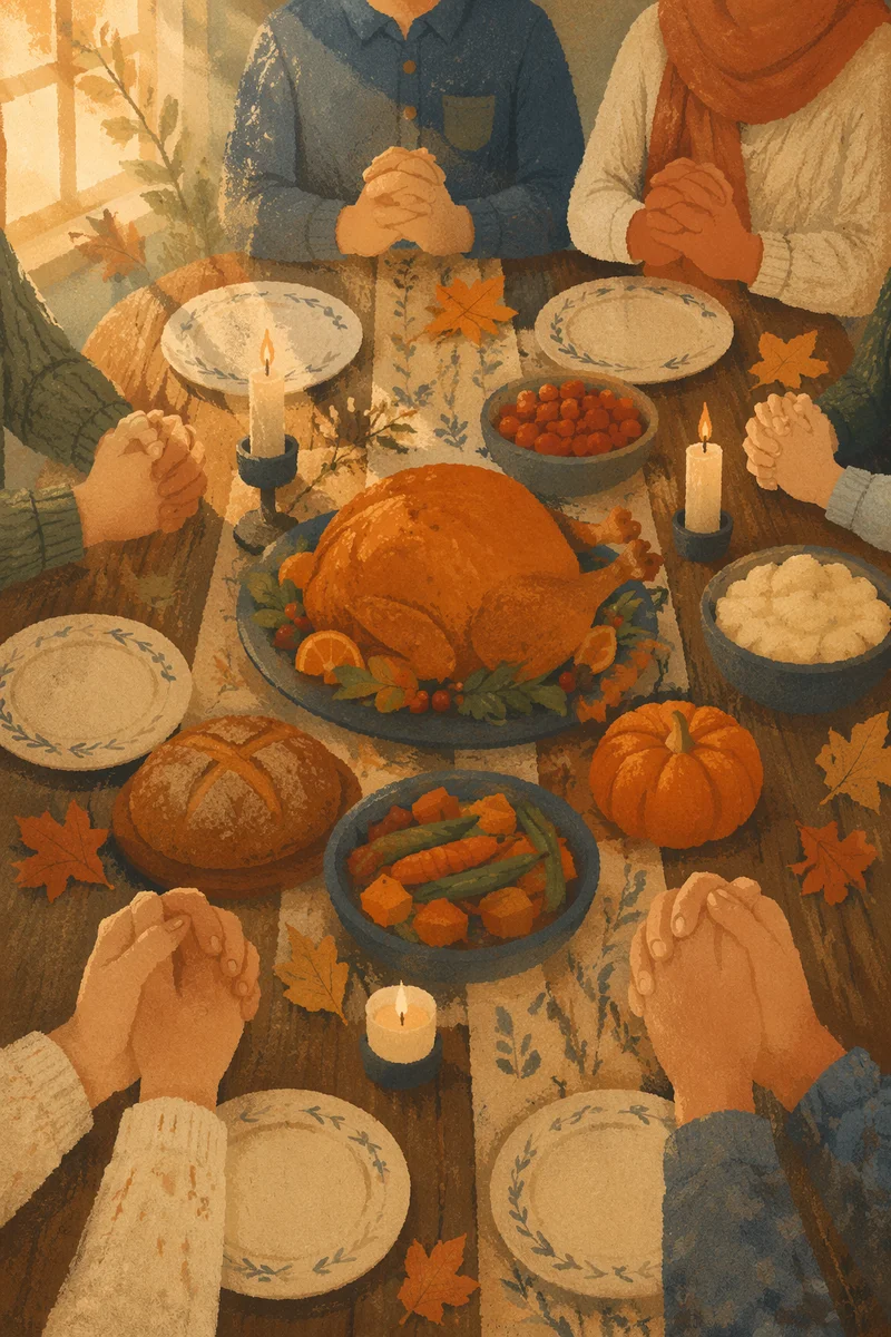 Thanksgiving Family Prayer Around Rustic Dinner Table