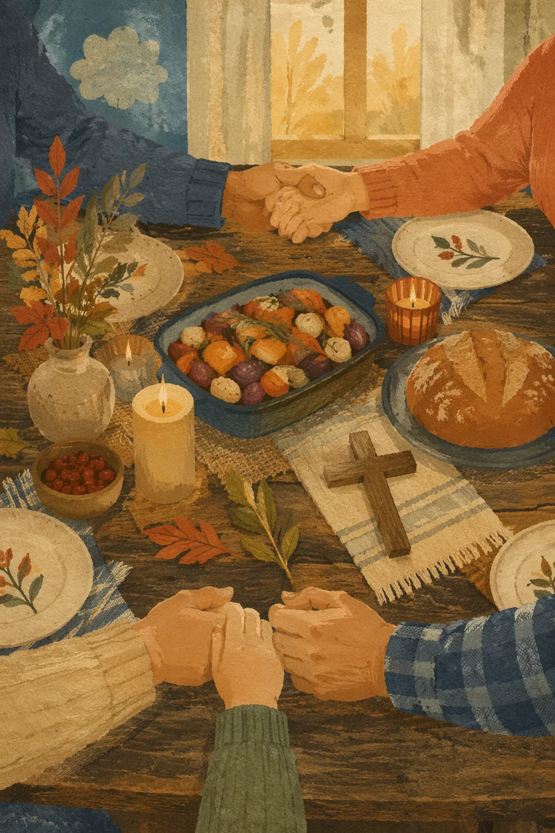 Thanksgiving Family Prayer at Farmhouse Table