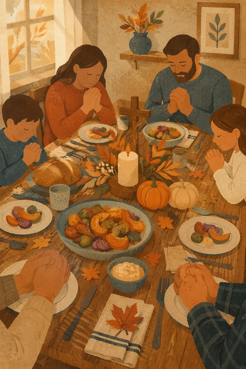 Thanksgiving Family Prayer at Rustic Dinner Table