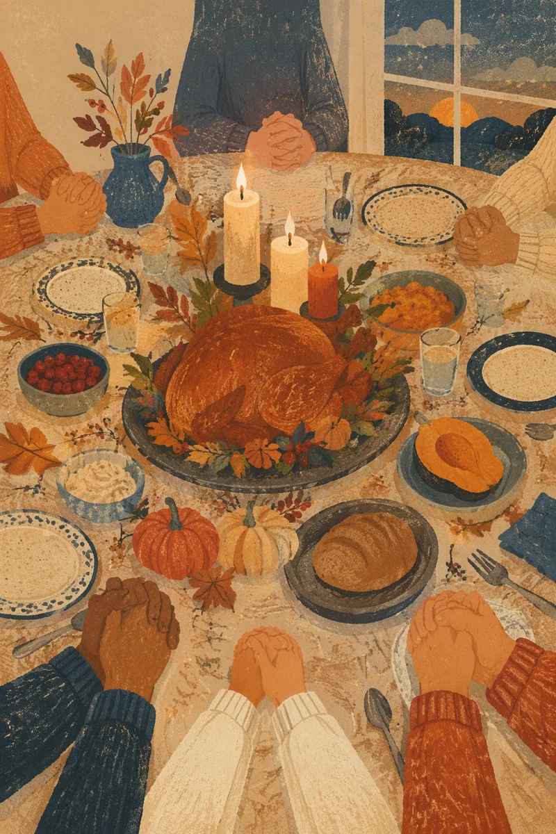 Thanksgiving Family Prayer Around Candlelit Dinner
