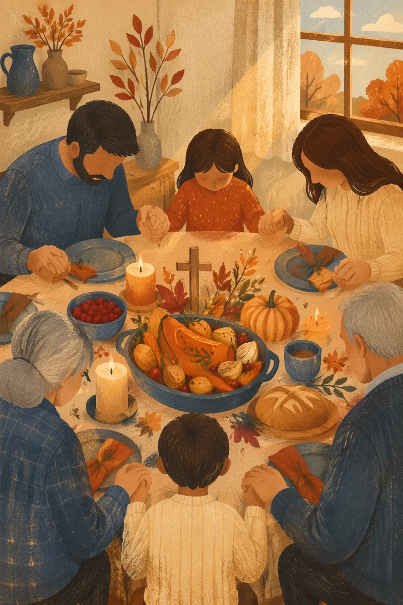 Thanksgiving Family Prayer Around Rustic Dinner Table