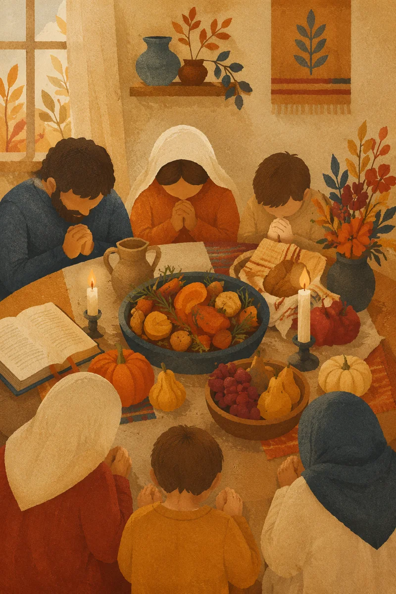 Thanksgiving Family Prayer Around Rustic Dinner Table
