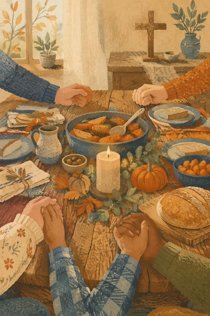 Thanksgiving Family Prayer at Rustic Dinner Table