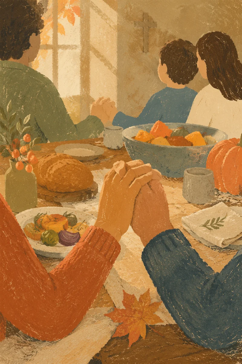 Thanksgiving Family Prayer at Rustic Dinner Table
