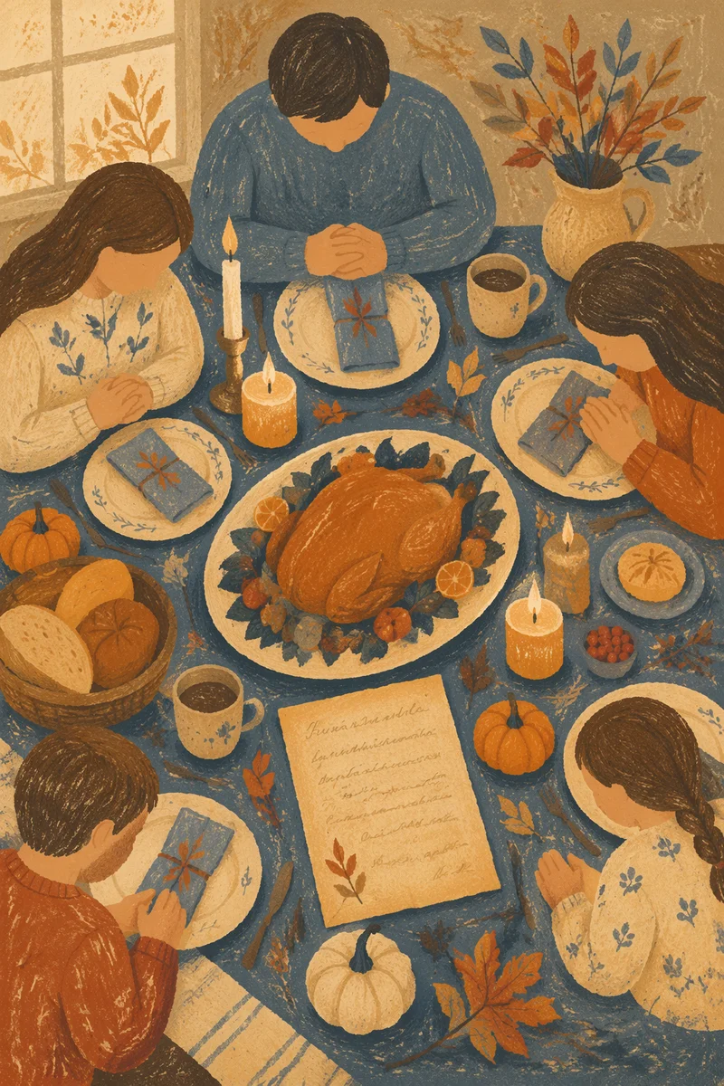 Thanksgiving Family Prayer Around Rustic Dinner Table