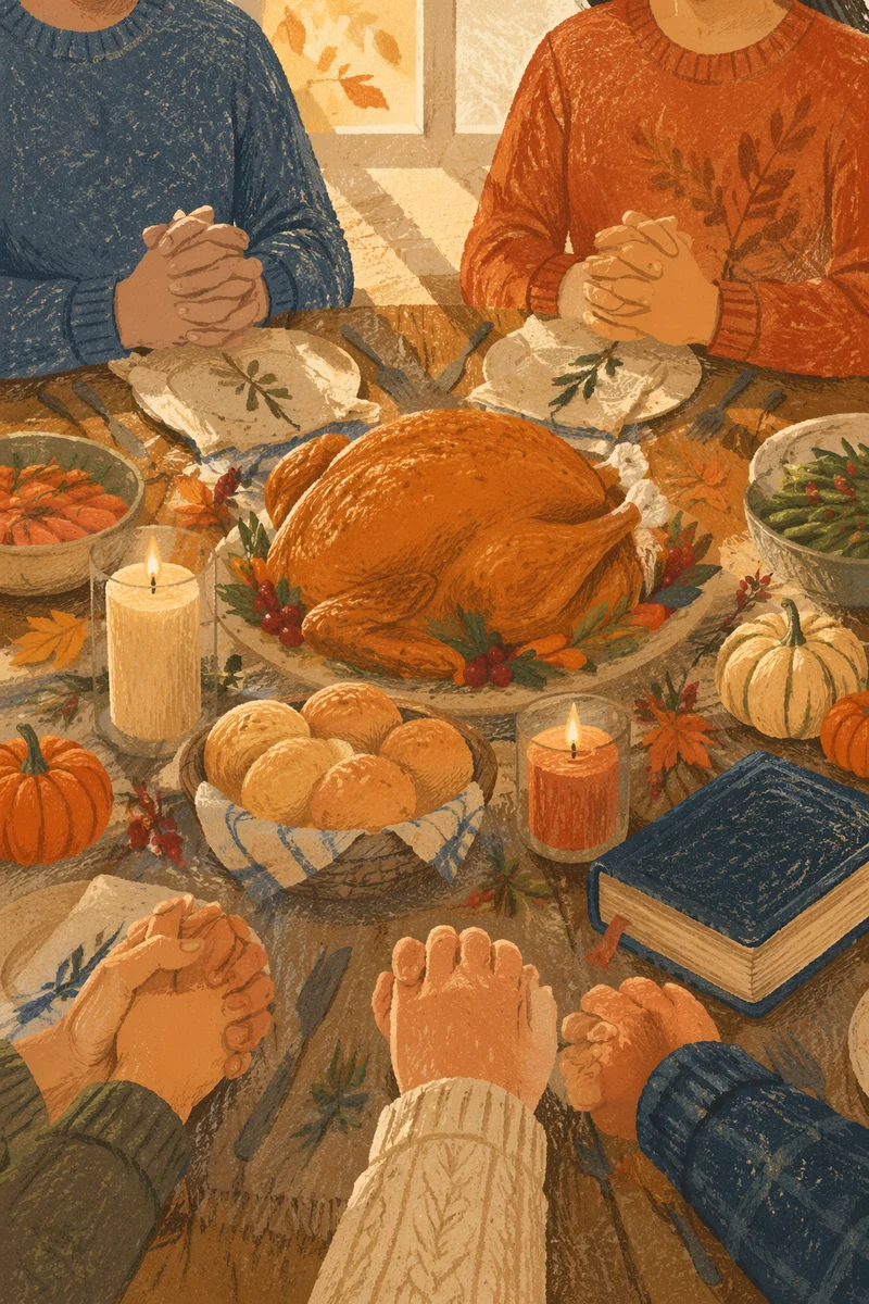 Thanksgiving Family Prayer Around Rustic Dinner Table