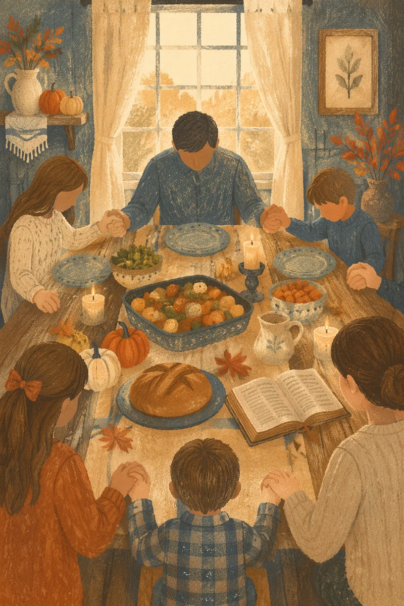 Thanksgiving Family Prayer at Rustic Farmhouse Table