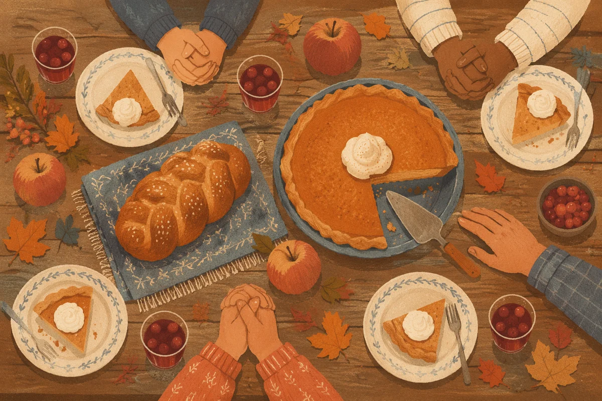 Thanksgiving Family Prayer Around Rustic Dinner Table