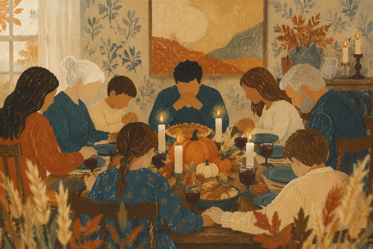 Thanksgiving Family Prayer at Rustic Dinner Table