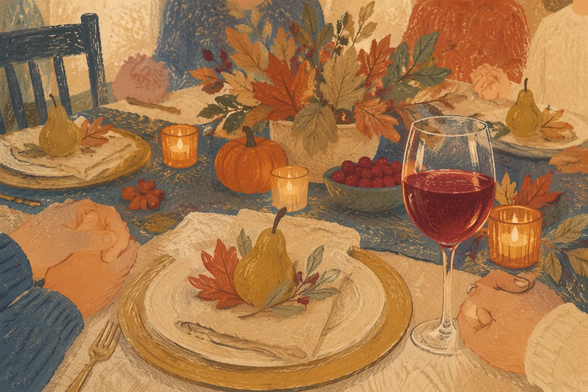 Thanksgiving Family Prayer at Candlelit Dinner Table