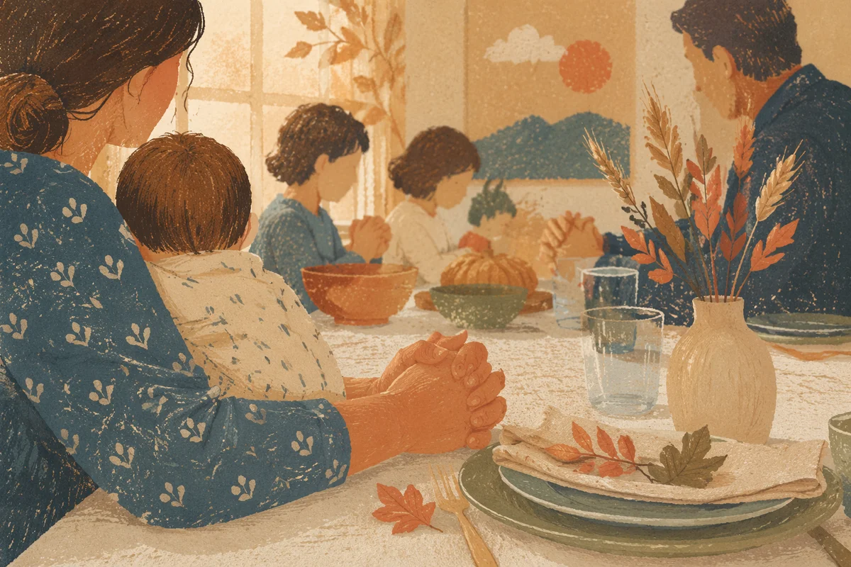 Thanksgiving Family Prayer at Cozy Dinner Table