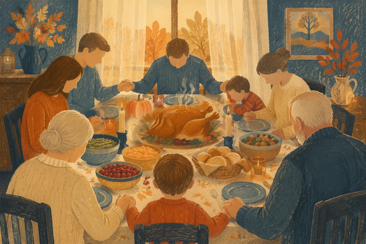 Thanksgiving Family Prayer Around Autumn Dinner Table