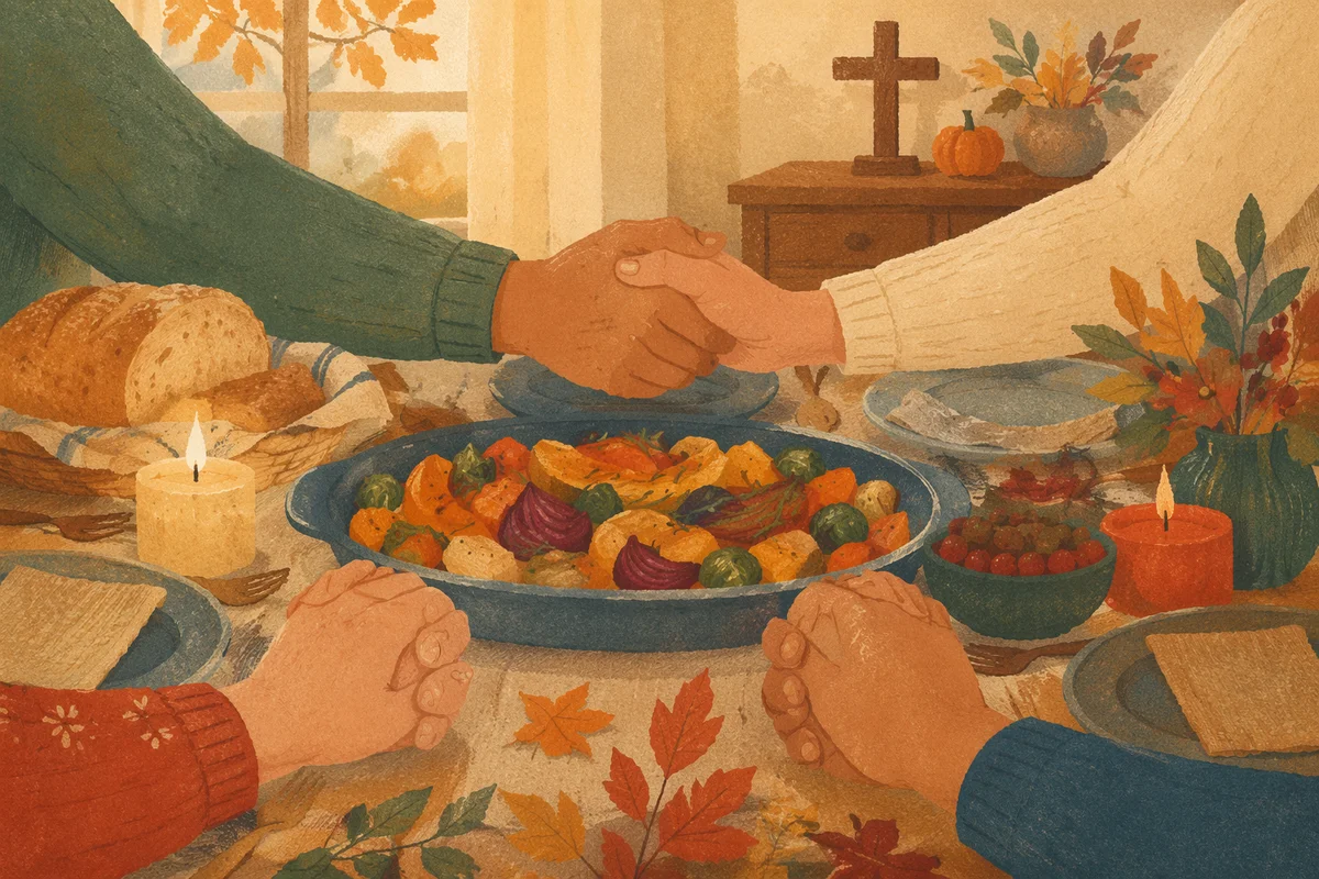 Thanksgiving Family Prayer at Rustic Dinner Table