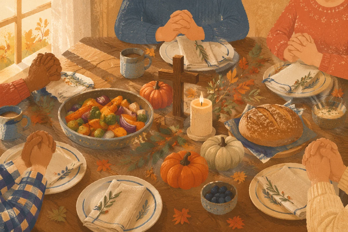 Thanksgiving Family Prayer at Rustic Table