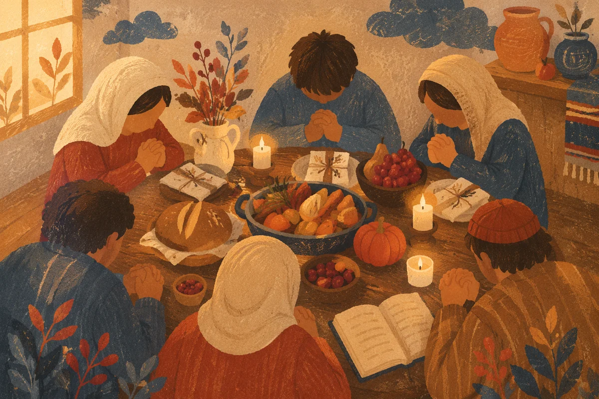 Thanksgiving Family Prayer Around Rustic Table