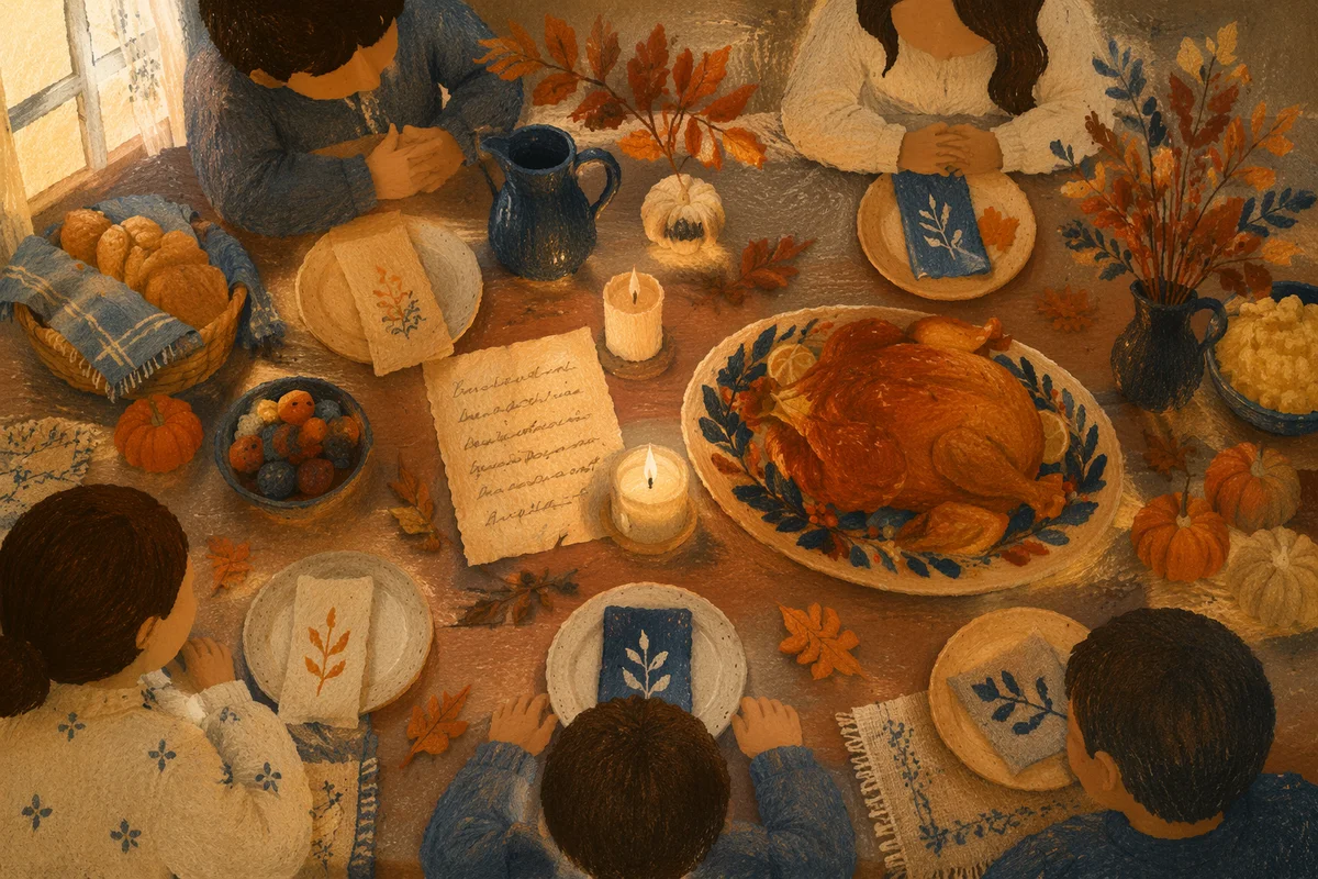 Thanksgiving Family Prayer Around Rustic Dinner Table