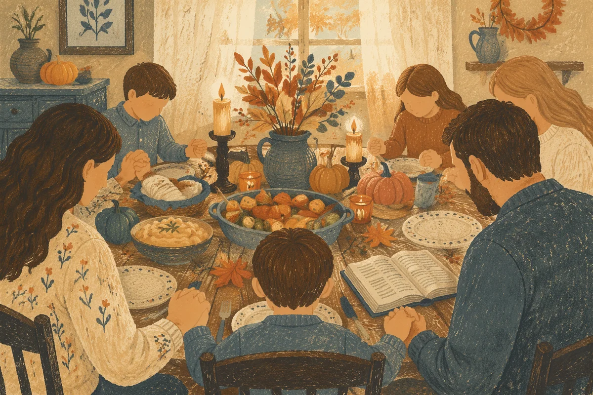 Thanksgiving Family Prayer at Rustic Dinner Table
