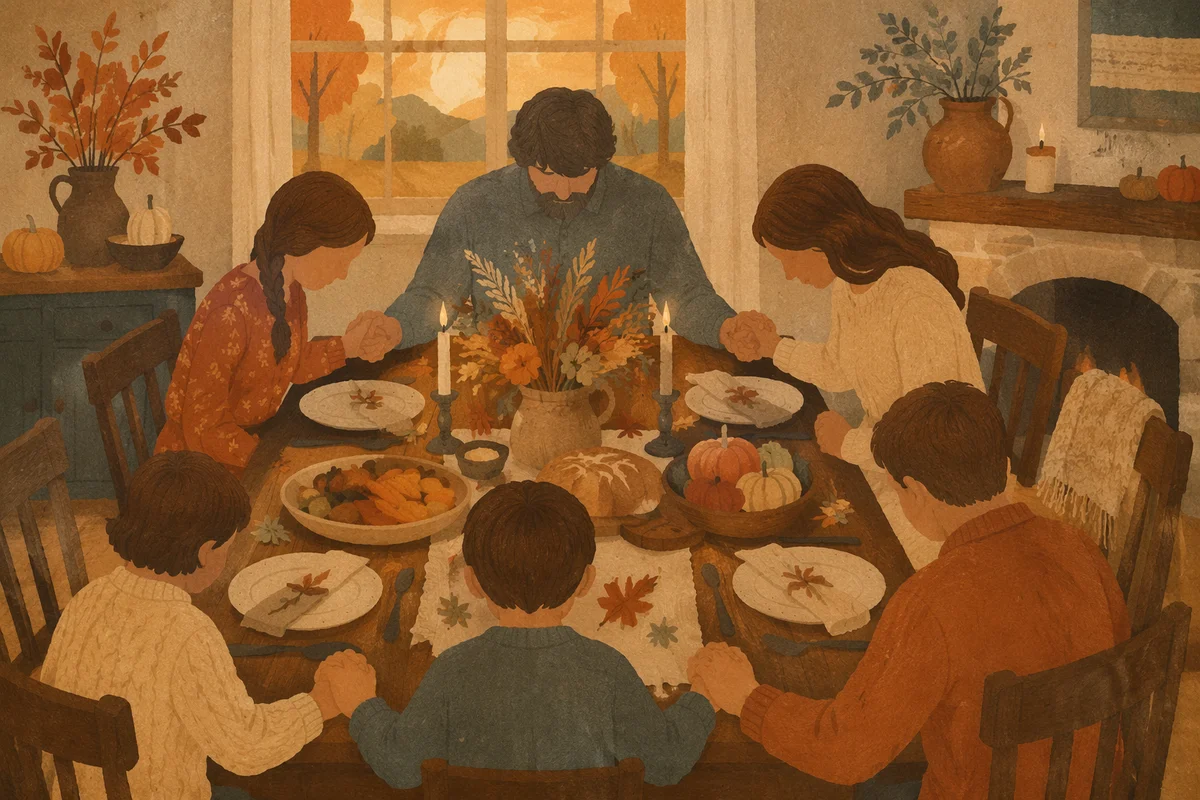 Thanksgiving Family Prayer at Rustic Table