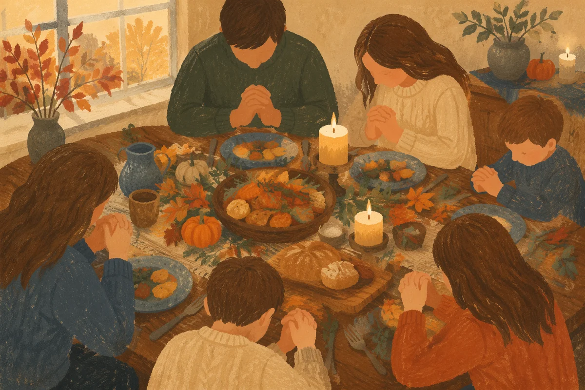 Thanksgiving Family Prayer Around Rustic Dinner Table