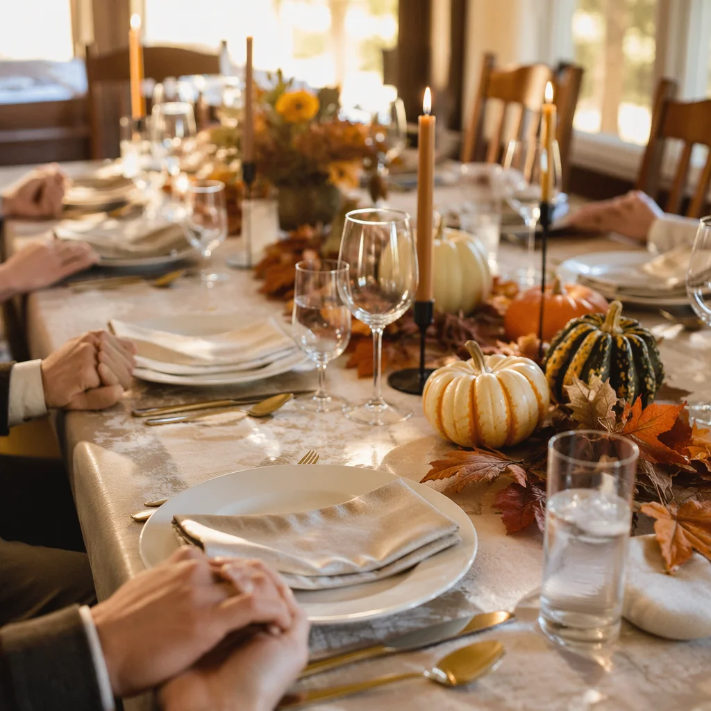 Thanksgiving Family Prayer Around Autumn Dinner Table