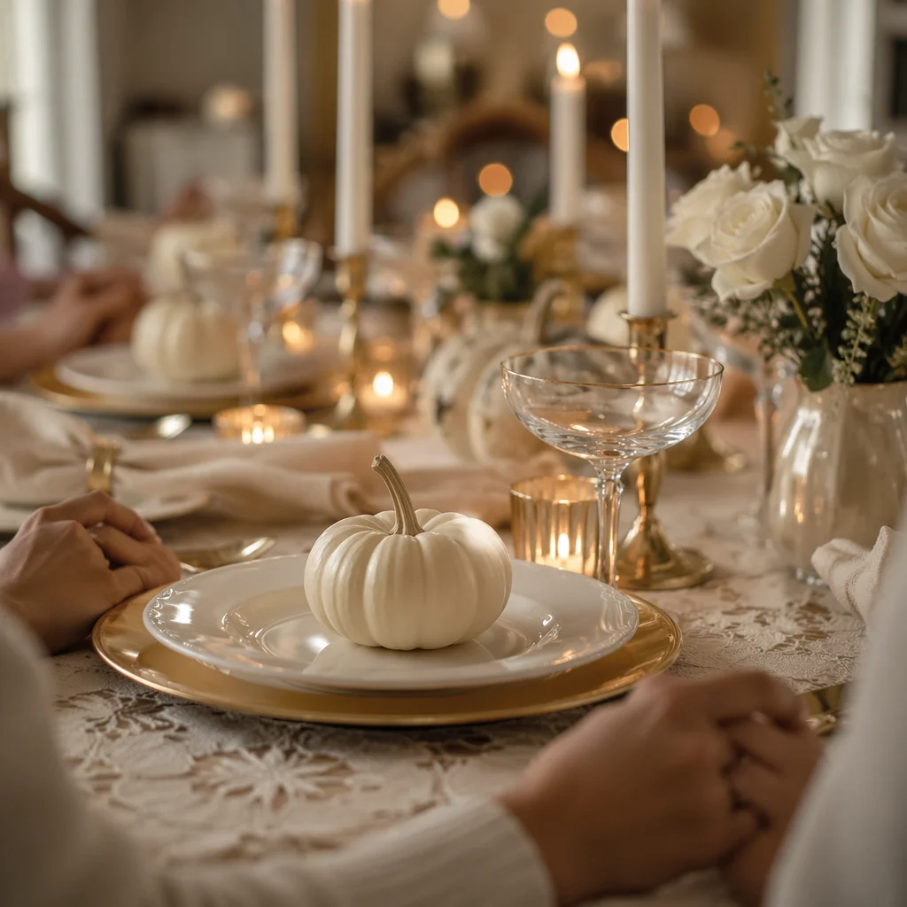 Thanksgiving Family Prayer at Candlelit Dinner Table