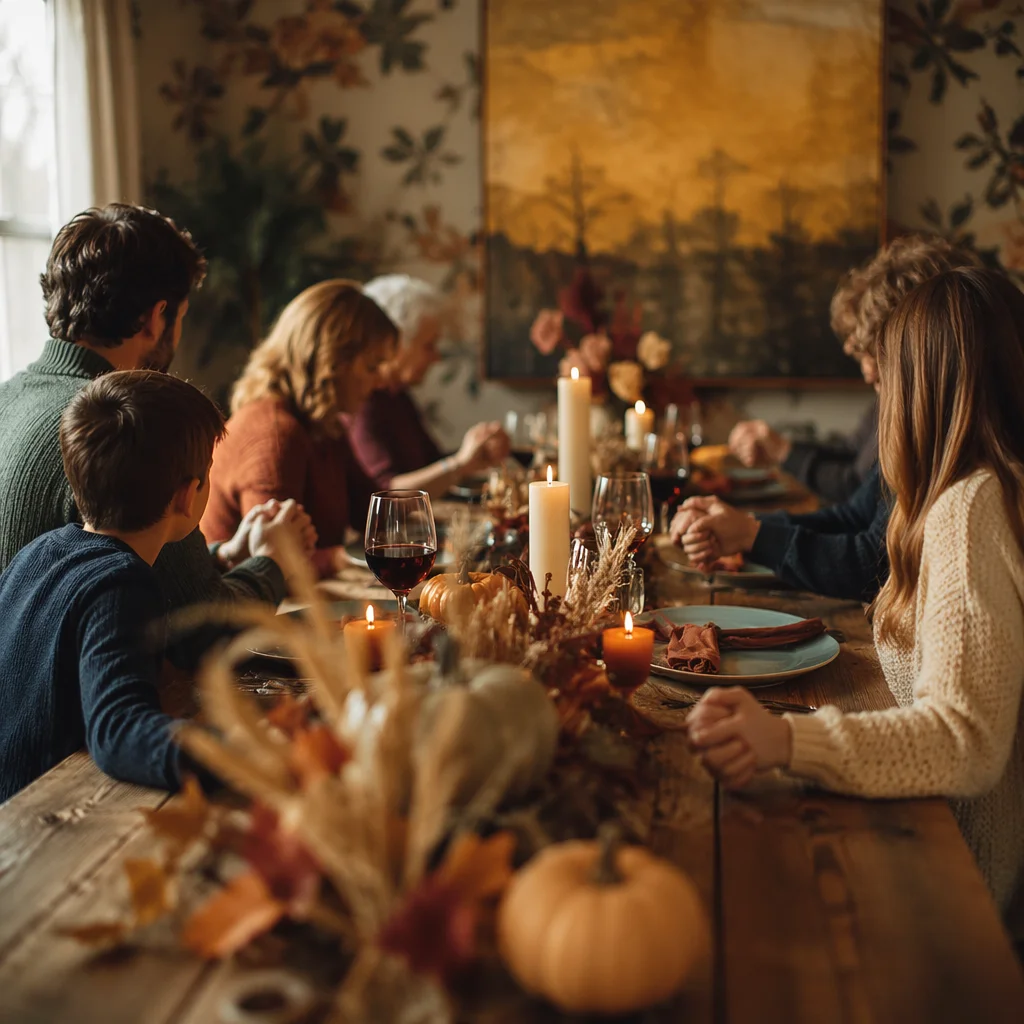 Thanksgiving Family Prayer at Rustic Dinner Table