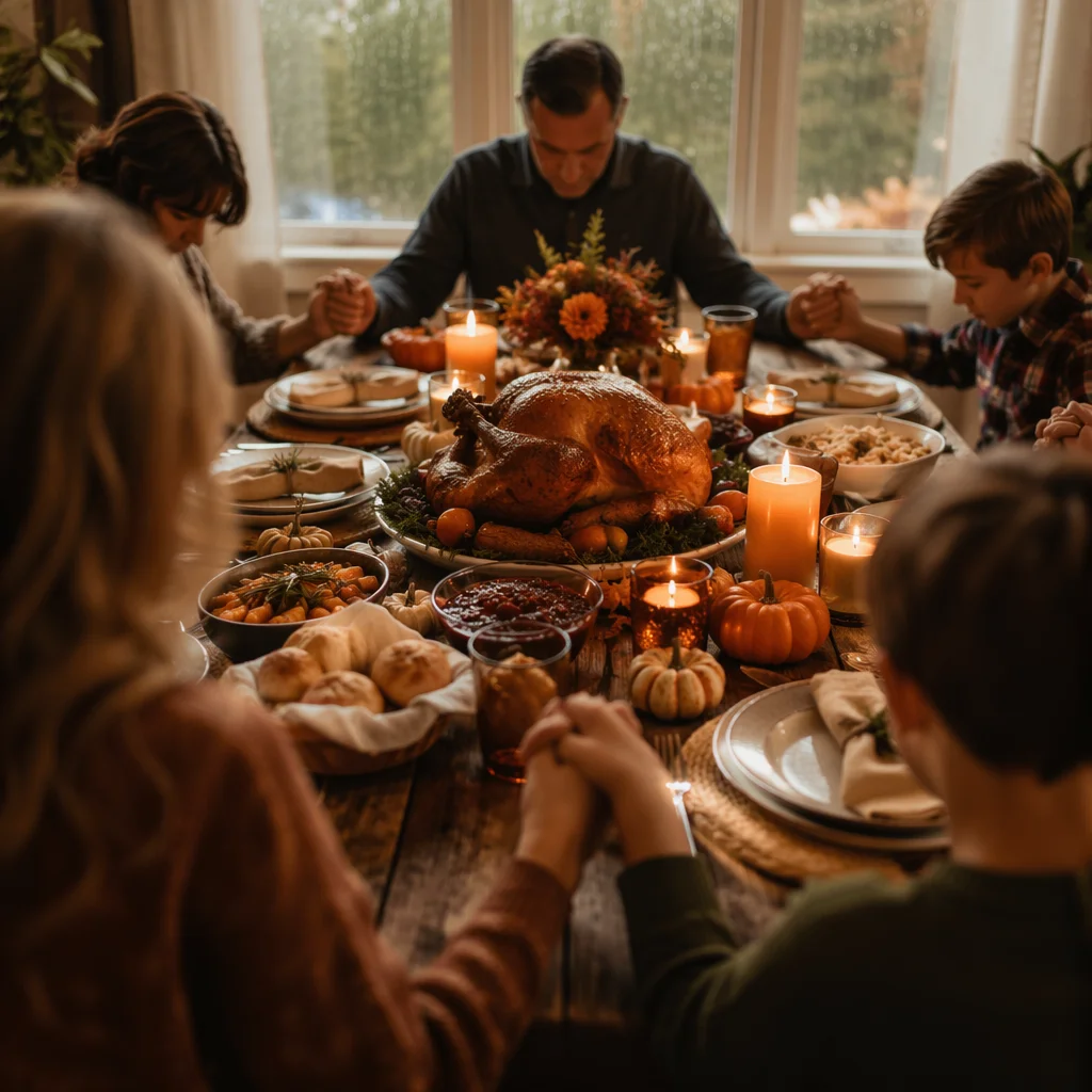 Thanksgiving Family Prayer Around Autumn Dinner Table