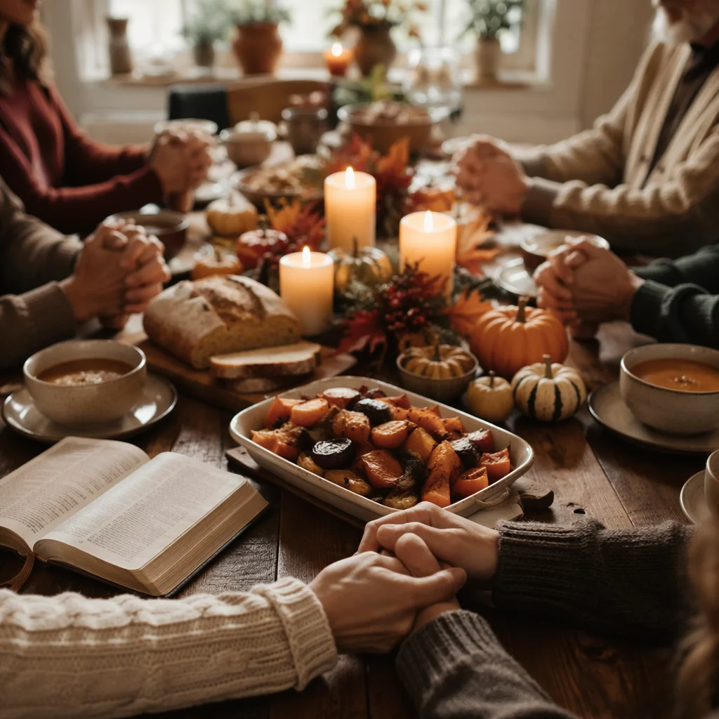Thanksgiving Family Prayer Around Farmhouse Table