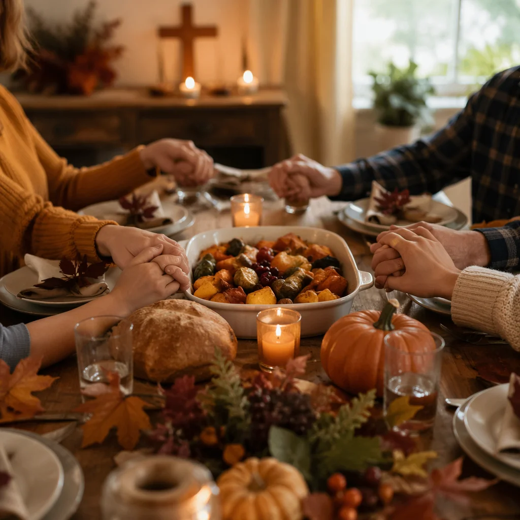 Thanksgiving Family Prayer Around Rustic Dinner Table