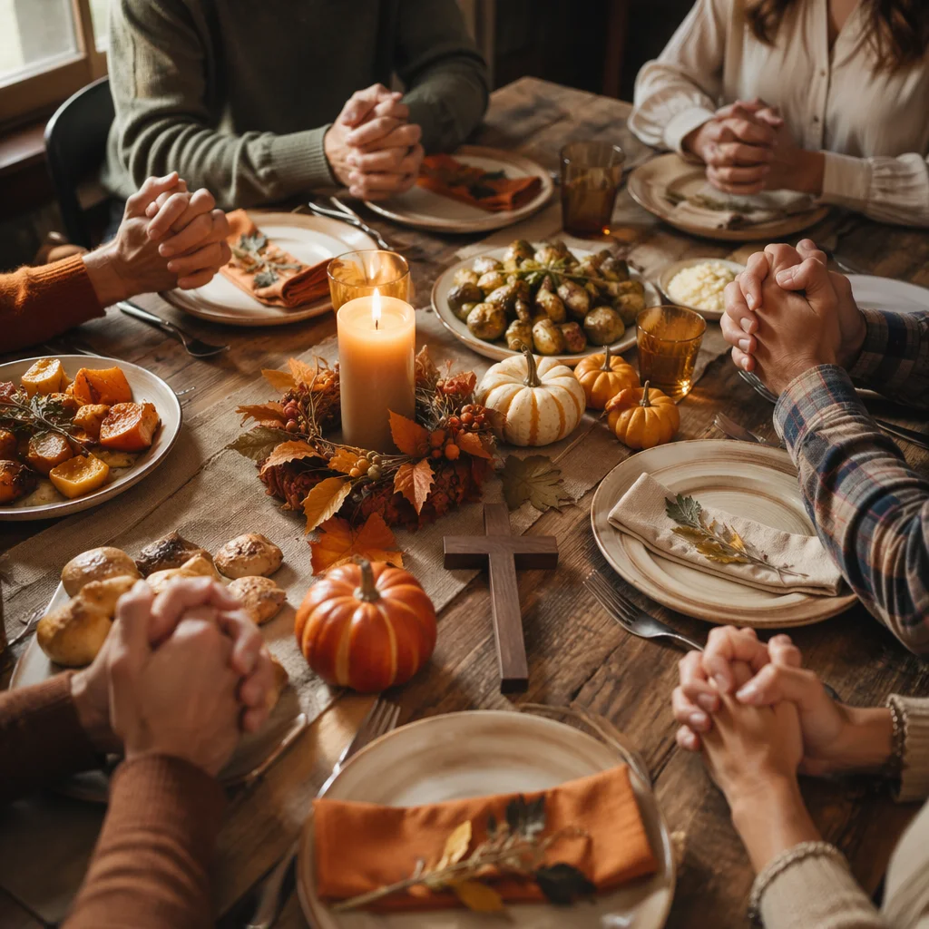 Thanksgiving Family Prayer Around Rustic Dinner Table