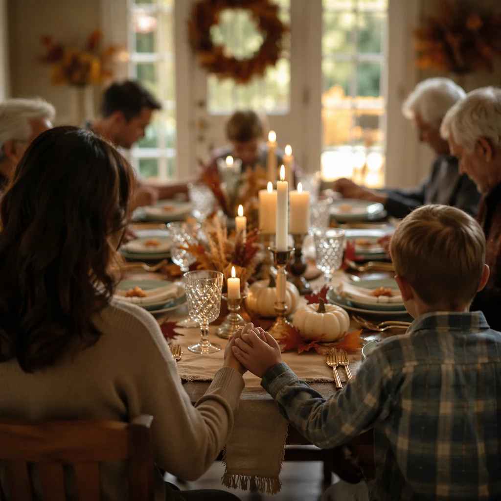 Thanksgiving Family Prayer at Warm Dinner Table