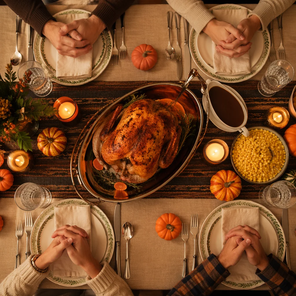 Thanksgiving Family Prayer Dinner Table Overhead
