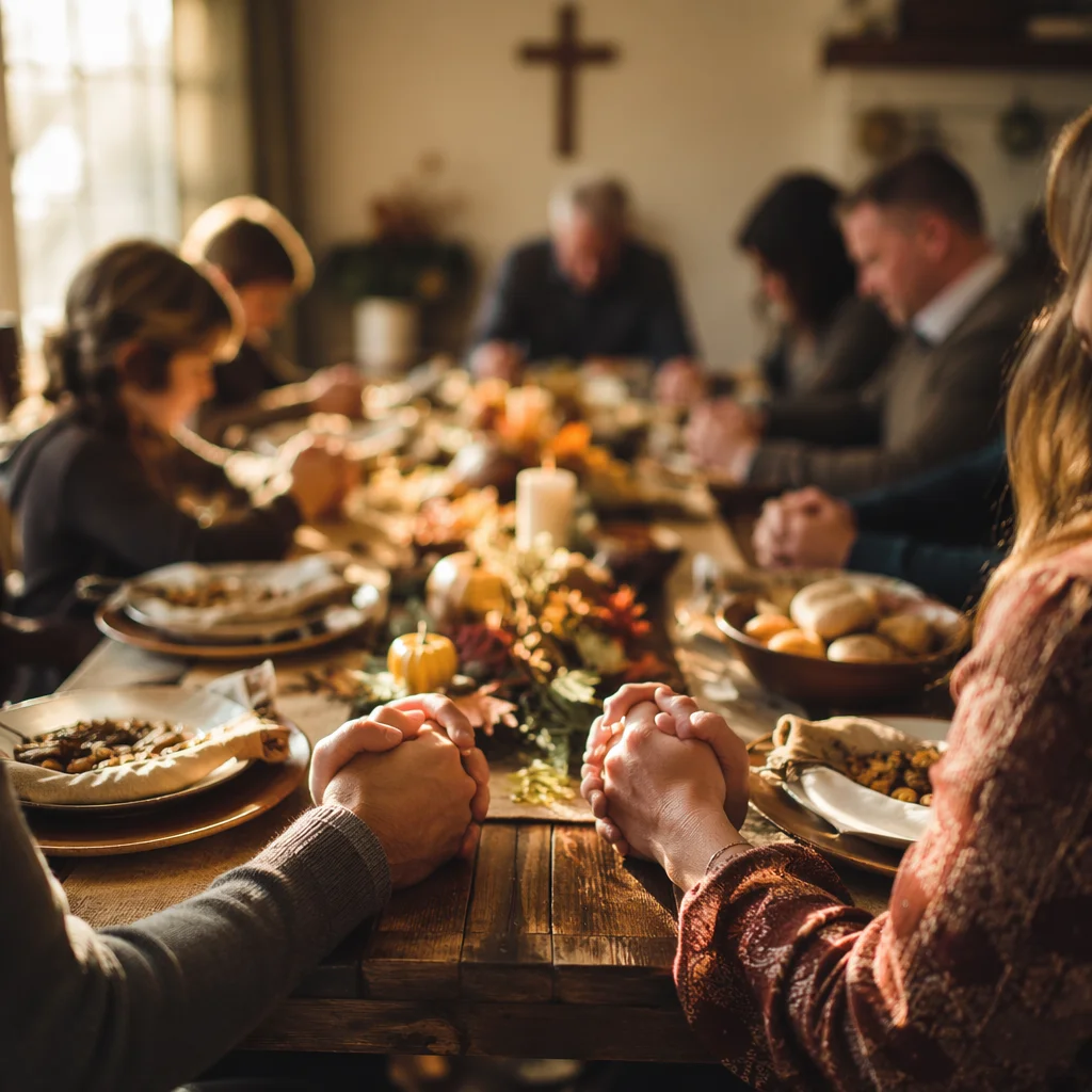 Thanksgiving Family Prayer Around Rustic Dinner Table