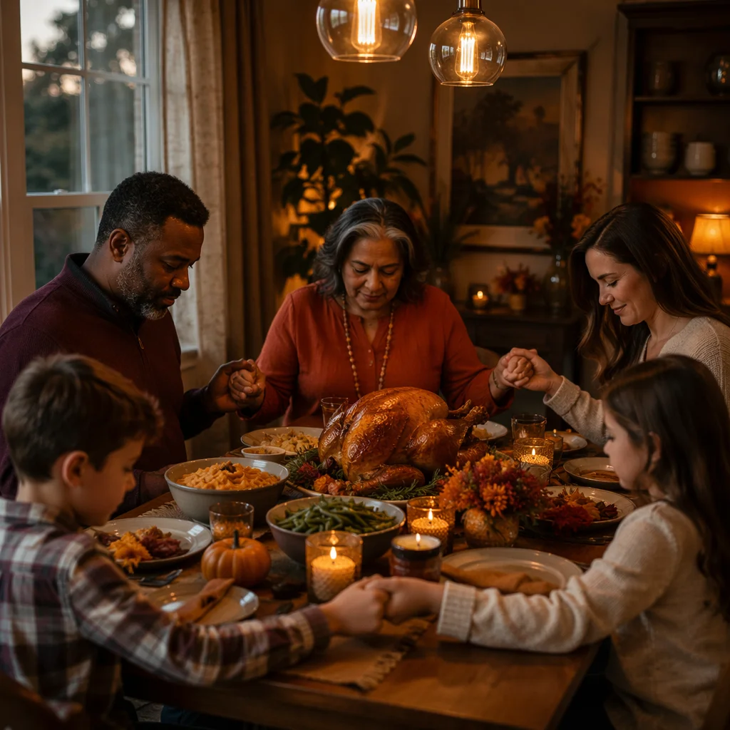 Family Praying Before Thanksgiving Dinner
