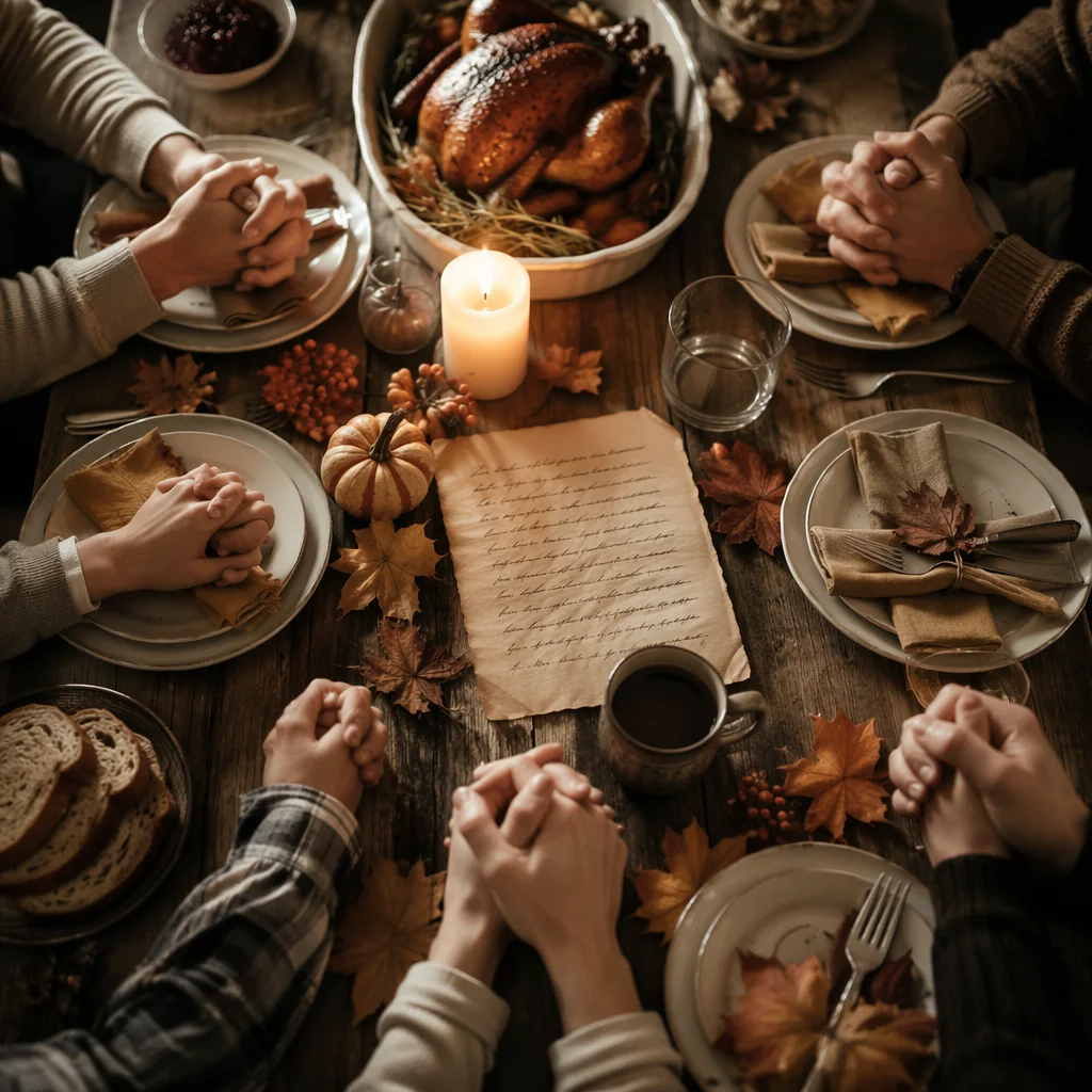 Thanksgiving Family Prayer Around Rustic Dinner Table