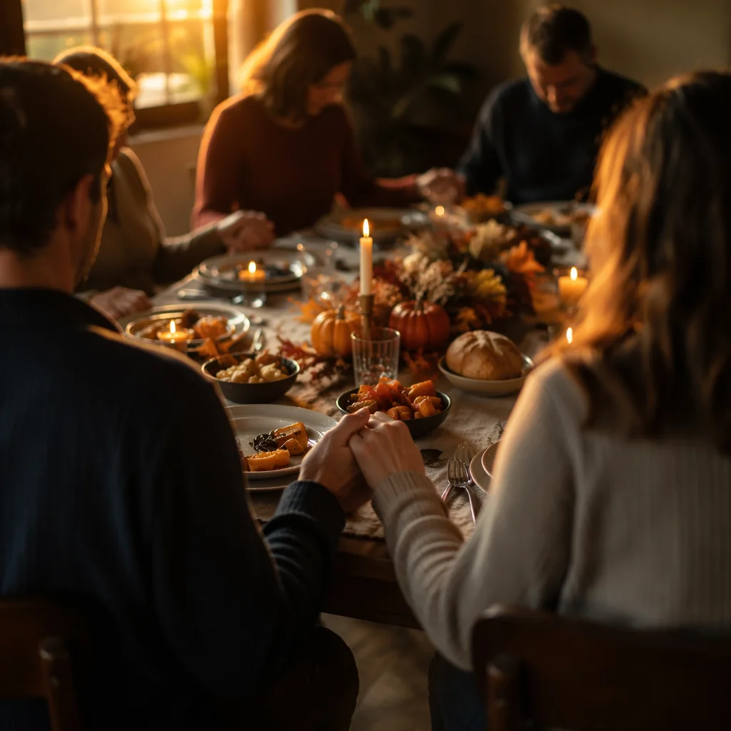 Thanksgiving Family Prayer at Rustic Dinner Table