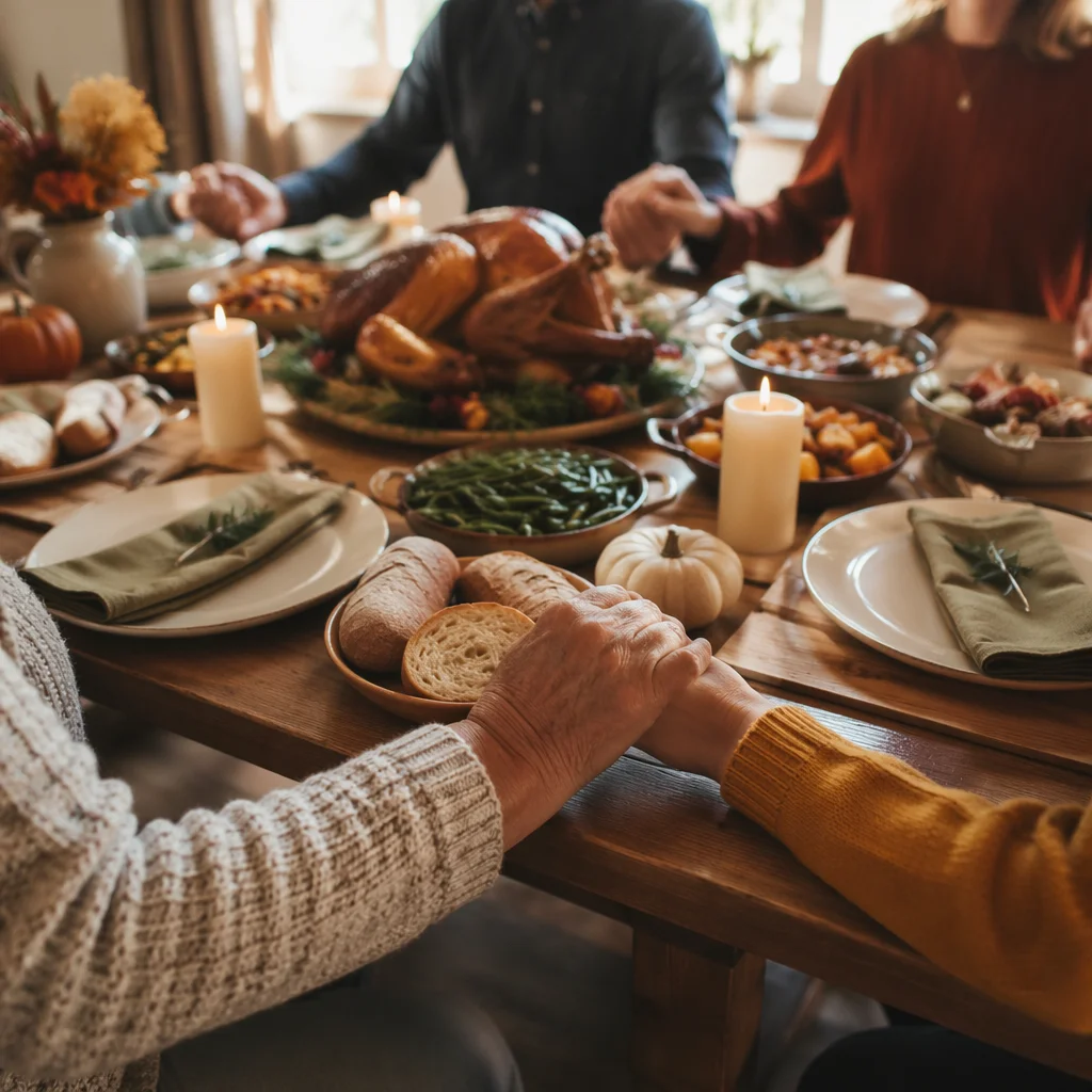 Thanksgiving Family Prayer Around Rustic Dinner Table